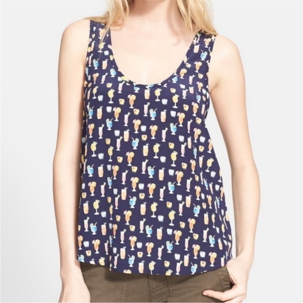 Joie Tropical Fruit Drinks Navy Blue Silk Tank Top Size Small